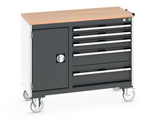 Bott Cubio Mobile Cabinet / Maintenance Trolley measuring 1050mm wide x 525mm deep x 890mm high. Storage comprises of 1 x Cupboard (400mm wide x 600mm high) and 5 x 650mm wide Drawers (2 x 75mm, 1 x 100mm, 1 x 150mm & 1 x 200mm high).... Bott MobileIndustrial Tool Storage Trolleys 1050mm x 525mm